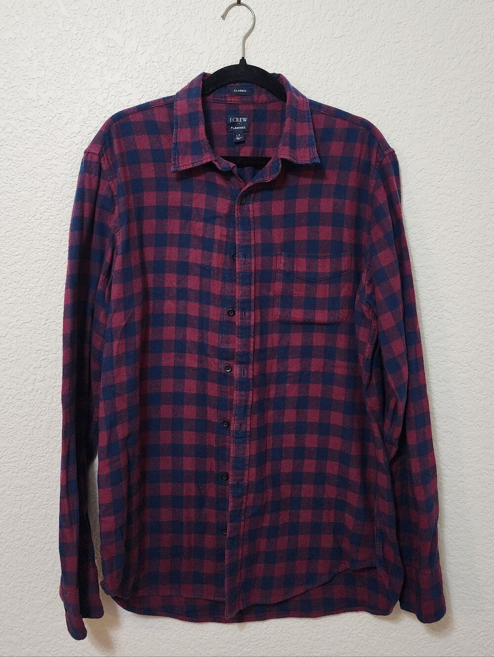 J CREW Mens LT Large Tall Burgundy Navy Plaid Cotton Flannel Shirt Classic EUC